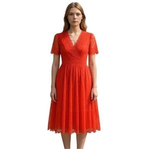 Ted Baker Sonyyia faux-wrap lace Elegant Red Lace Dress, Size 4